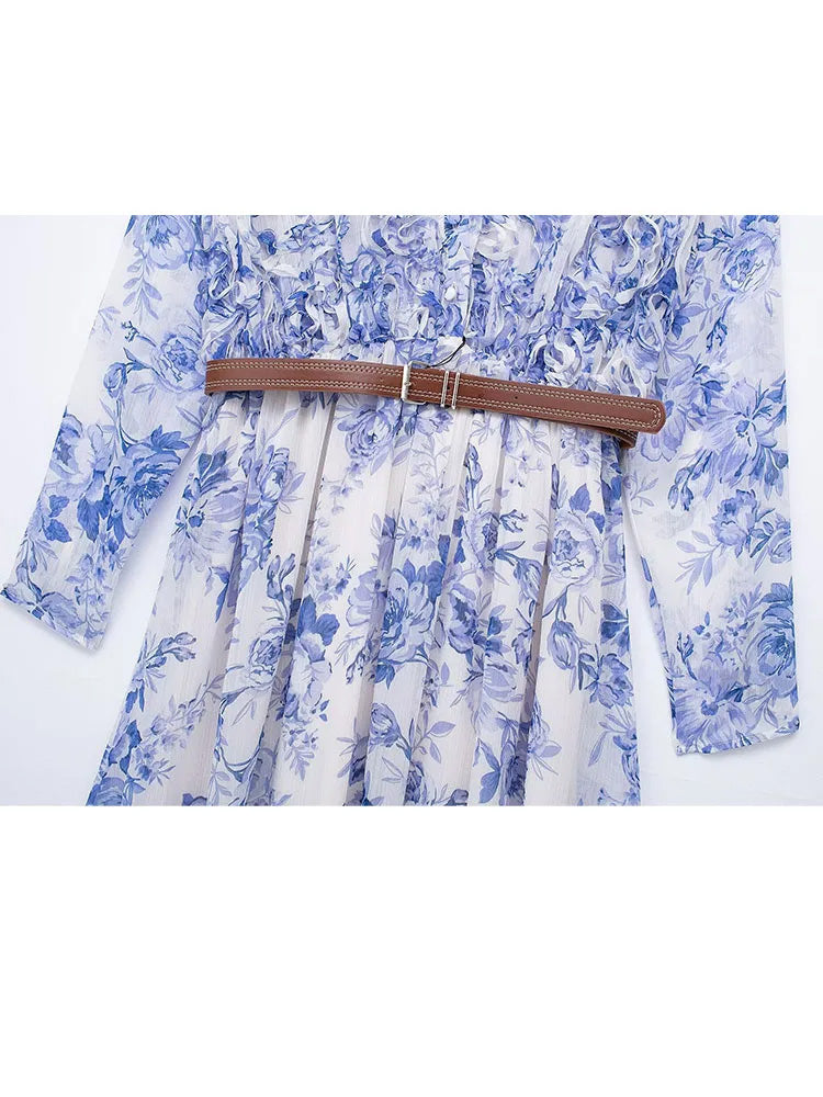 HH TRAF Women Floral Printed V-neck Long Dress Spring Elegant Pleated Chiffon Dresses with Belt Female Long Sleeve Midi Dress