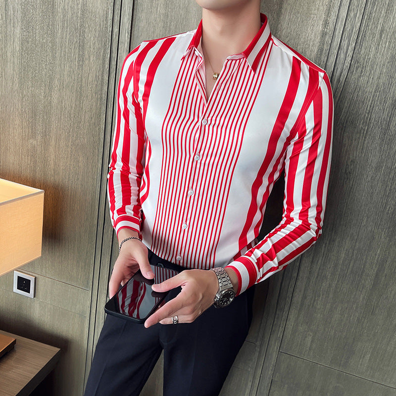 Striped Pointed Collar Non-iron Shirt Long Sleeve Casual Ice Silk