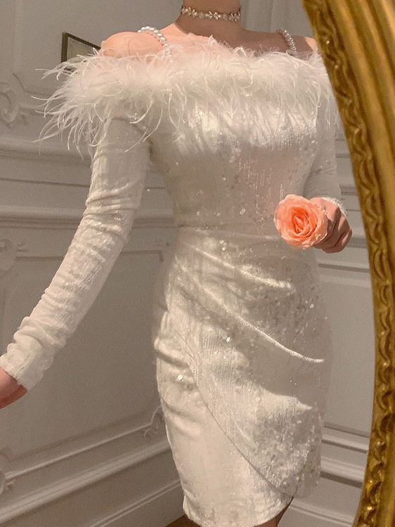 Sequined Feather Off-shoulder New Banquet Party C- Bit Evening Dress For Women