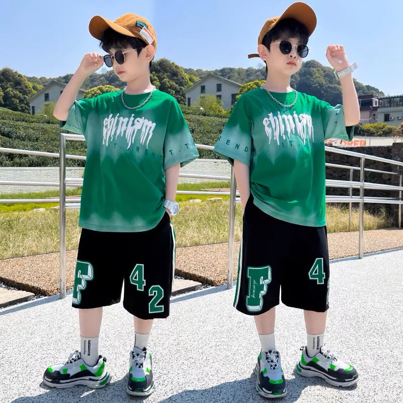 2024 New Boys Summer Quick-dry Suit Children Streetwear Boy Short Sleeve TShirt + Shorts Two-piece Sports Set Baby Loose Outfits