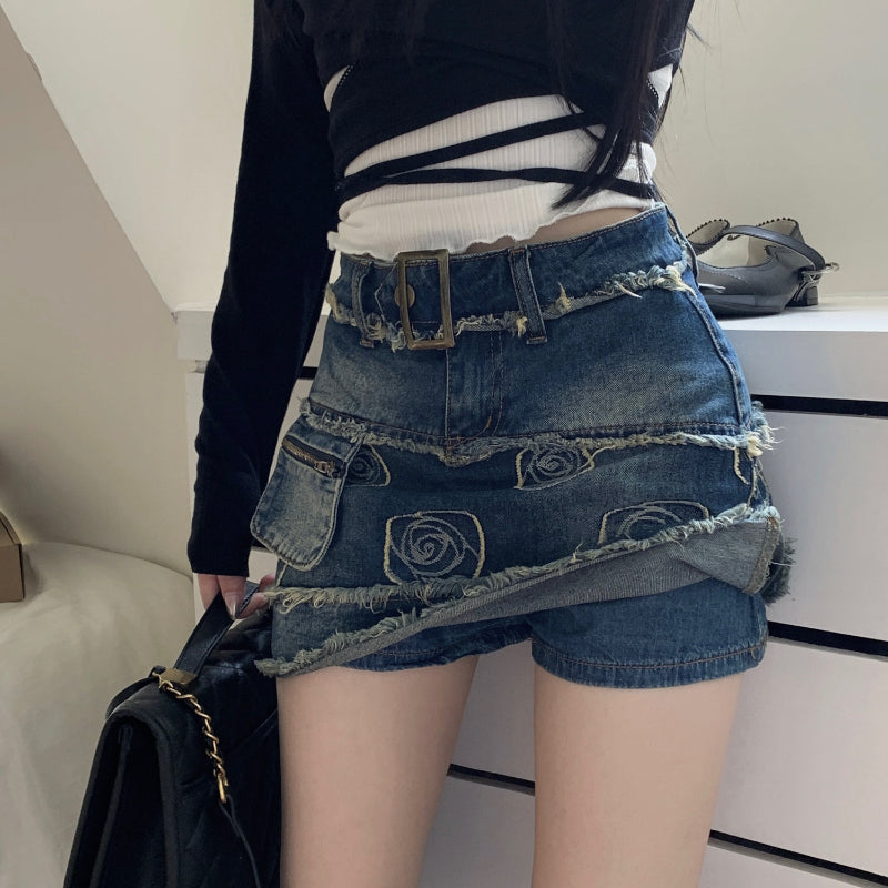 Deeptown Vintage Denim Short Skirt Women Sexy Y2k Floral Coquette Mini Skirts Sweet Retro Streetwear Casual A-line Jean Skirt