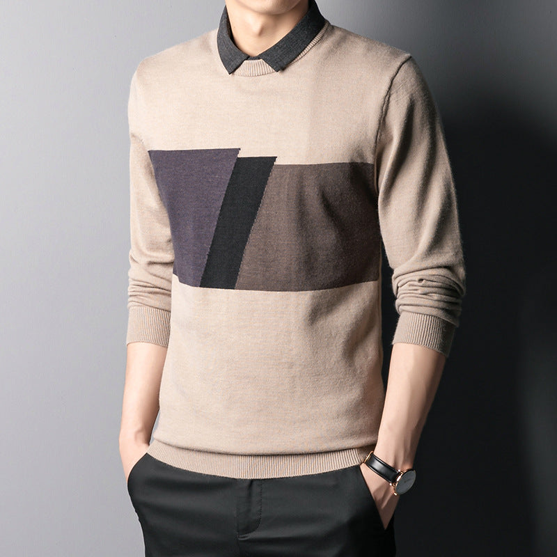 Colorblock Slim Top Fall Winter Men's Shirt Collar Knitwear