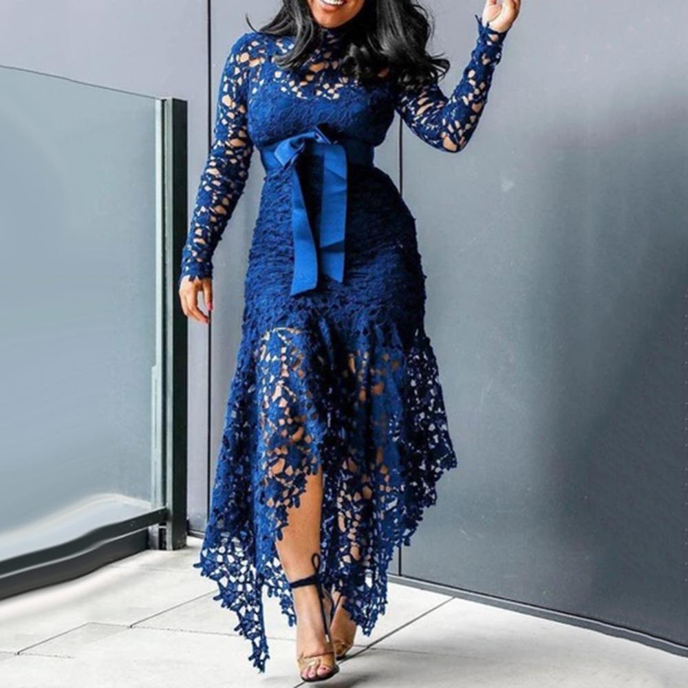 Dress Long Dress Bodycon Sexy Women Long Sleeve Bow Belted Irregular Hem Hollow Lace Long Dress