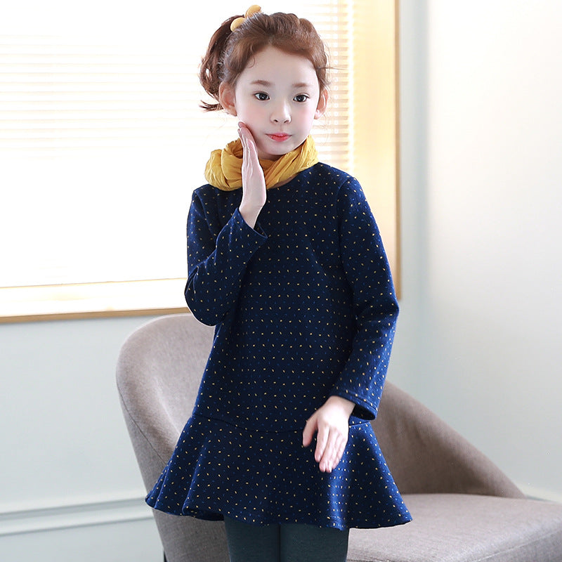 new girls bottoming skirt autumn and winter Korean children's clothing, lotus leaf big child long sleeve dress D008