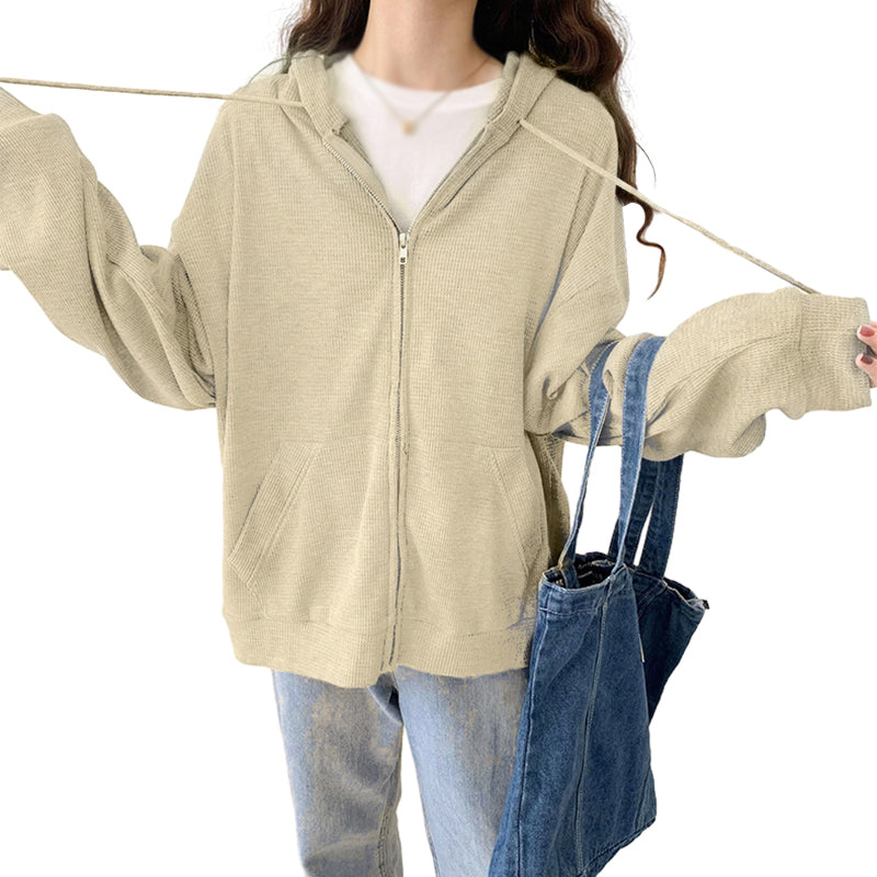 Women's Sweaters Cardigan Autumn and Winter Thermal Windproof Tops Waffle Zipper Pullovers