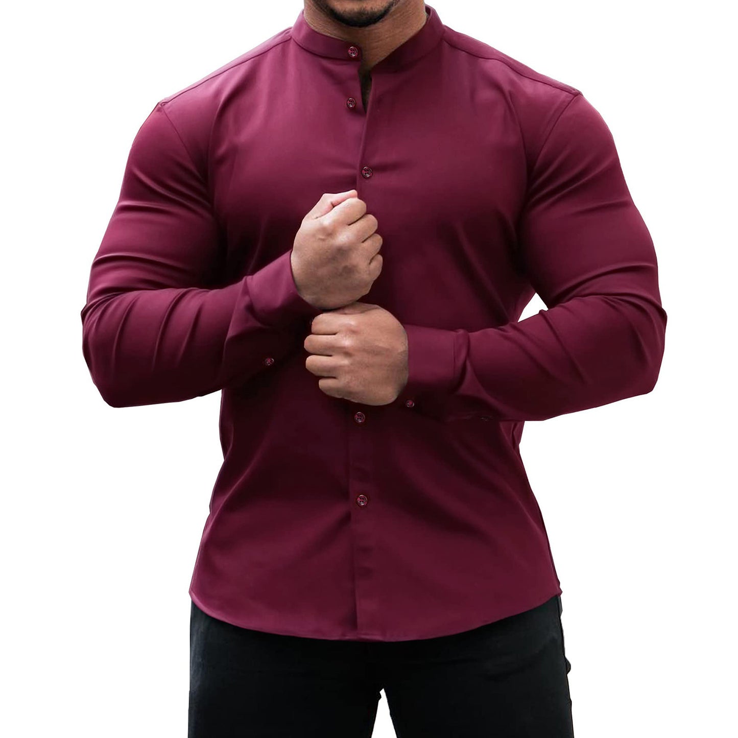 Men's Solid Color Sports Casual Cardigan Slim Fit Micro Elastic Long Sleeve Casual Button Shirt