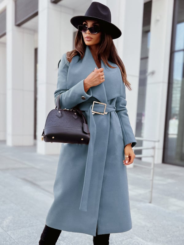 Simple Long Sleeve Button V-Neck Tie Woolen Jacket Women's