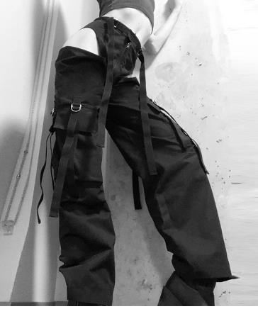Women Black High Waist Pencil Pants Pockets Patckwork Hollow Out Pants Fashion Women Streetwear Cargo Pants Women Pants