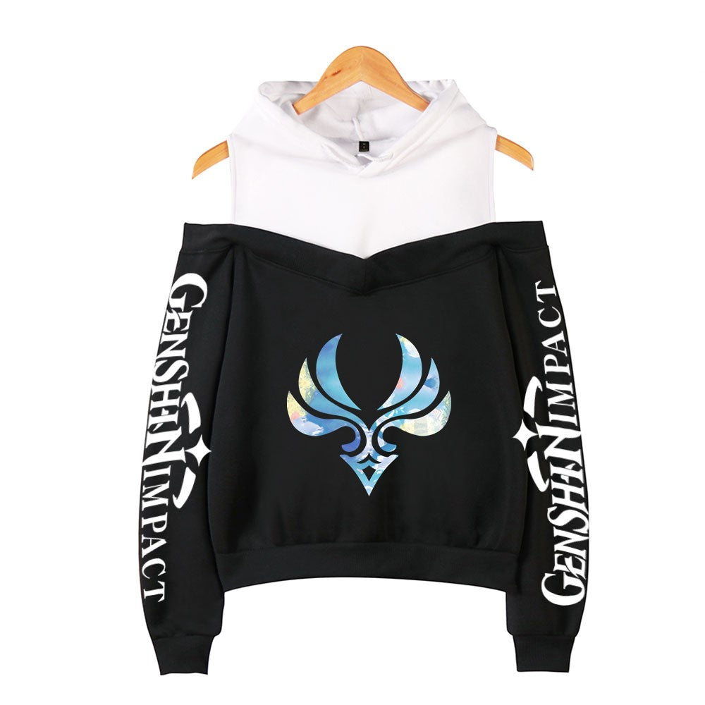 Genshin Impact Hoodies Women's Off-shoulder Hoodie Sweatshirt Autumn Winter Hoodie Harajuku Cartoon Xiao Off-shoulder Sweatshirt