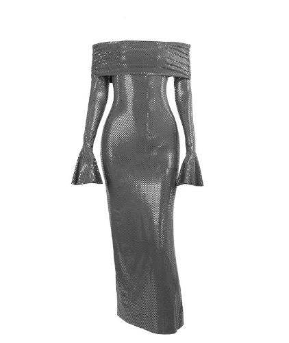Women Elegant Off Shoulder Maxi Dressess Long Sleeve Backless Sparkly Evening Dress Birthday Party Outfits