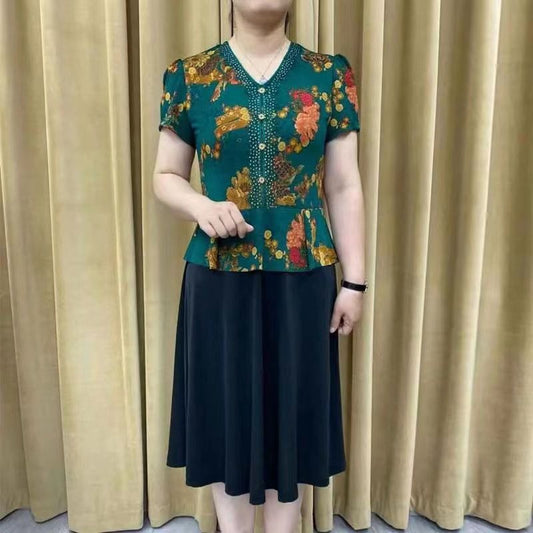 Summer middle-aged and elderly mother ice silk dress large size slim retro improved cheongsam skirt cover meat fake two-piece skirt