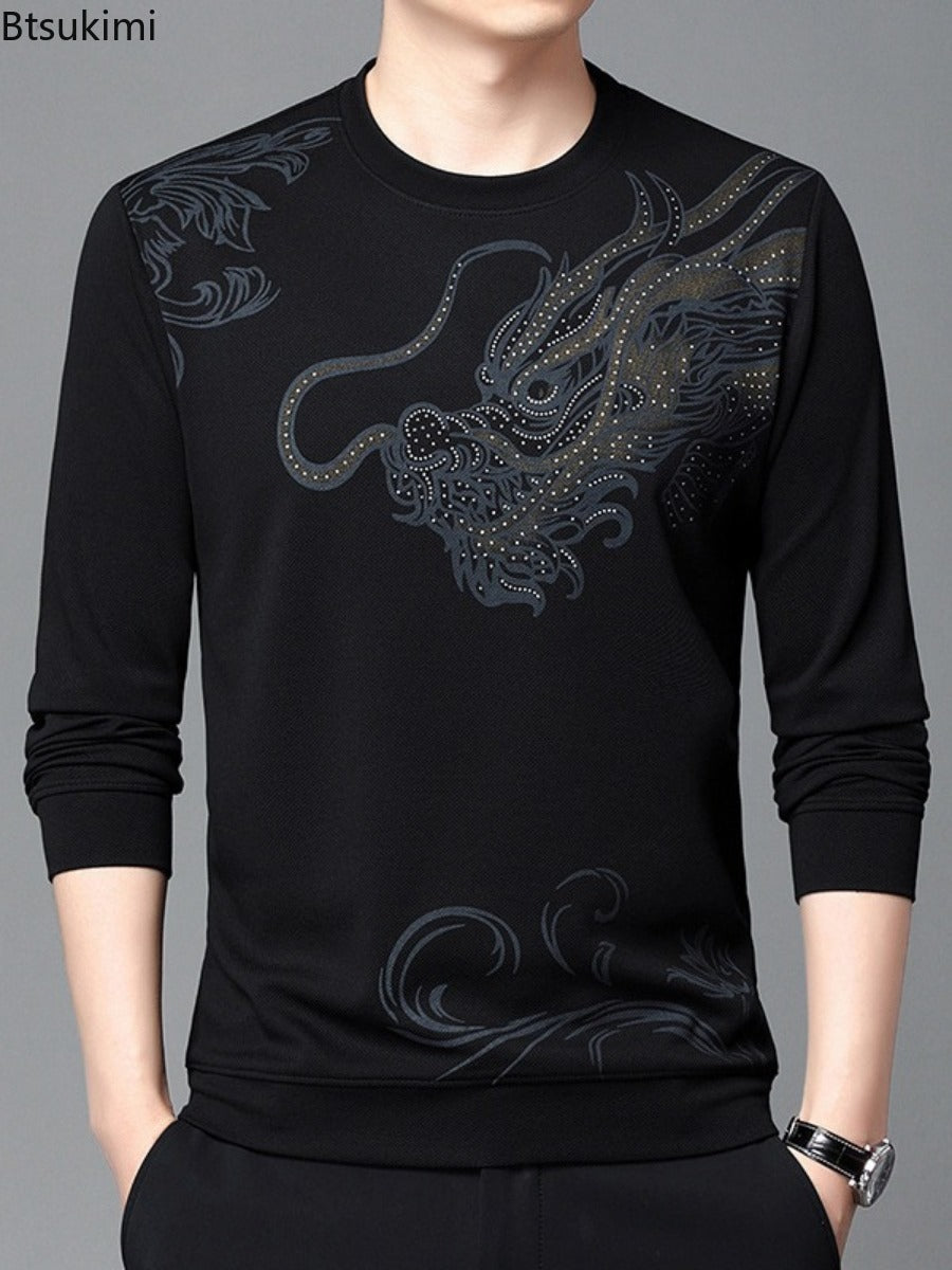 2024 Fashion Men's Round Neck Long Sleeved Hoodie Trend Chinese Dragon Print Casual Pullover Tops High Quality Sweatshirts Male