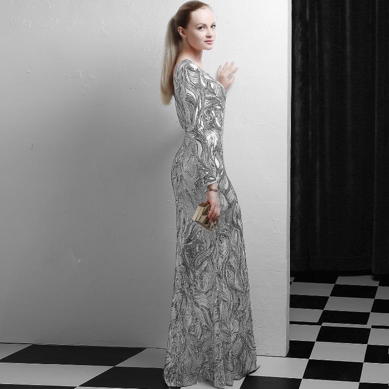 Deep V long sleeve split night club show sequin evening dress