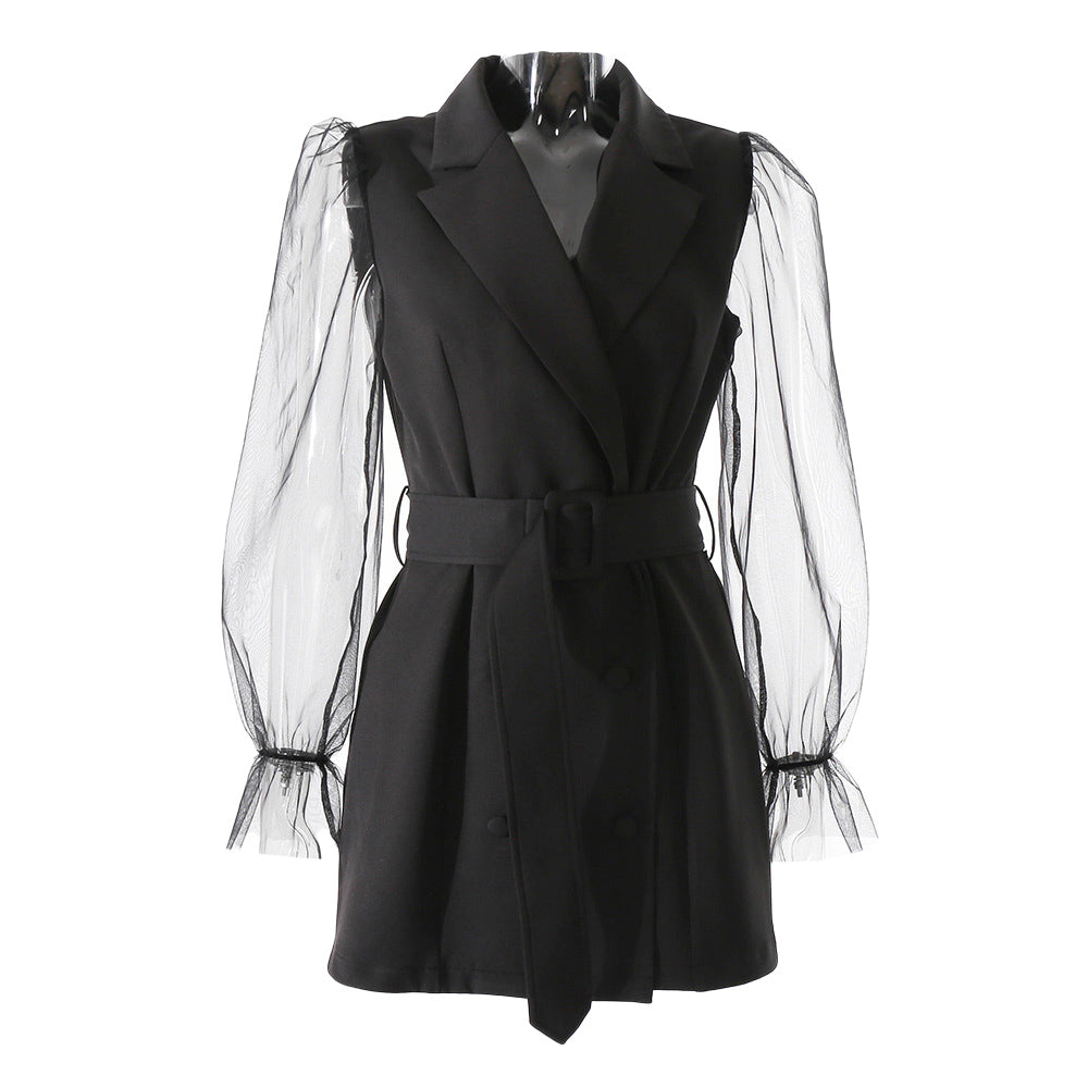 Gagaopt Women Elegant Dress Coat With Belt Solid Color Lace Long Sleeve Chic Outerwear Ladies Overcoat