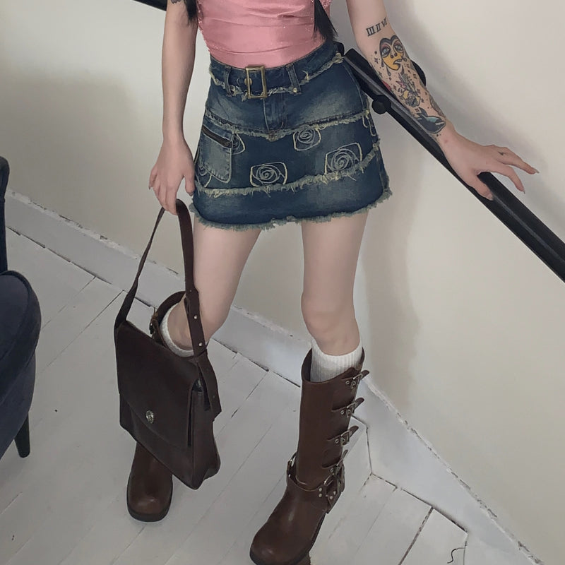 Deeptown Vintage Denim Short Skirt Women Sexy Y2k Floral Coquette Mini Skirts Sweet Retro Streetwear Casual A-line Jean Skirt