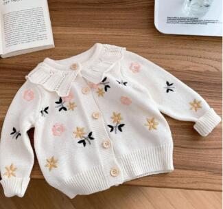 Cardigan Rosie/Spring all-match baby girl children flower embroidery lotus leaf collar knitted cotton long-sleeved cardigan jacket children& clothing (one piece)