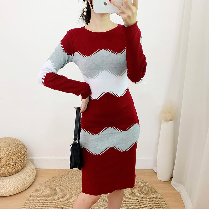 Knitted sweater dress women's new fall / winter 2020 color block waist medium length bottomed sweater skirt