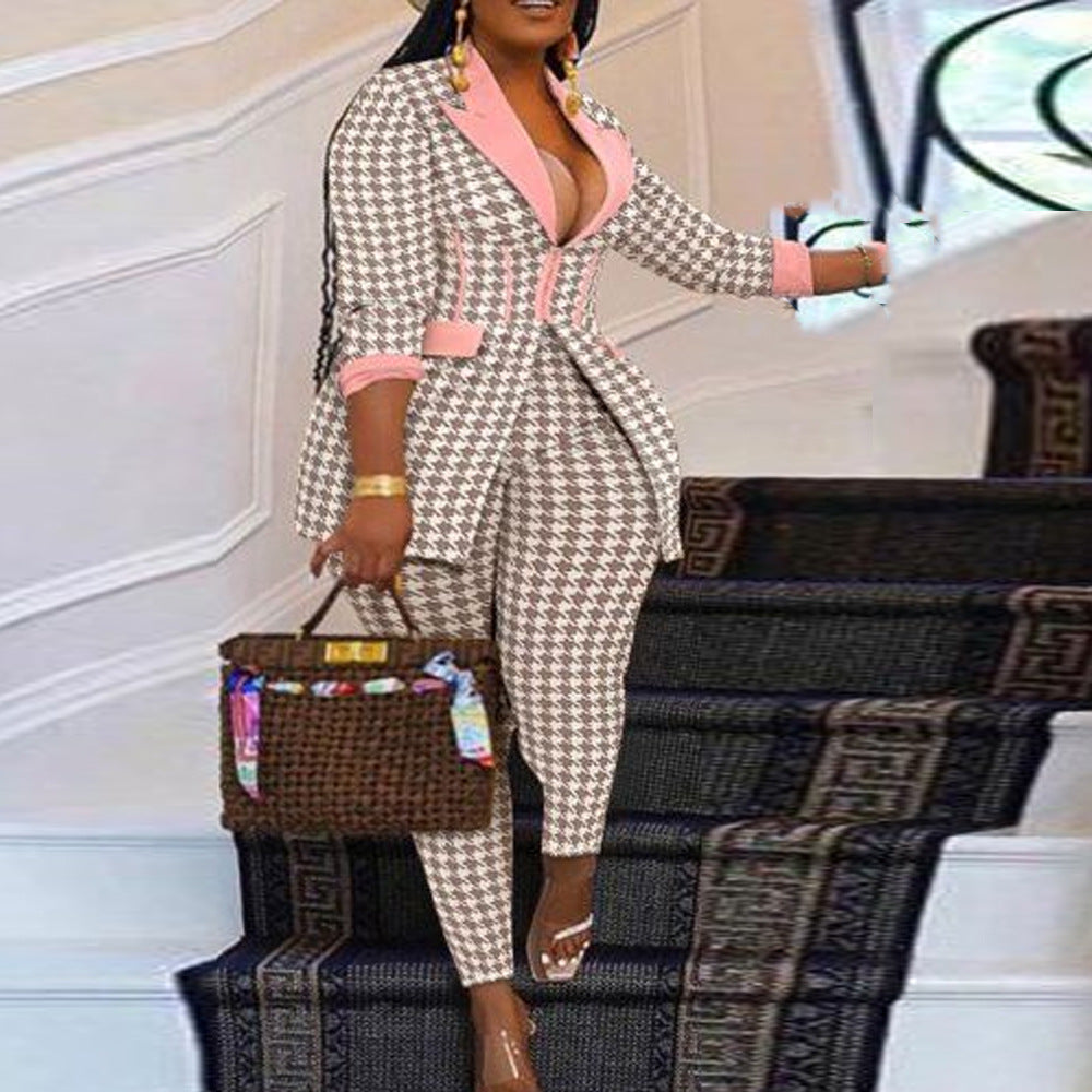 Plus Size Houndstooth Blazer Pants Set Women Pants Blazers Tops Pencil Pants Two-Piece Office Lady Fashion Outfits Autumn
