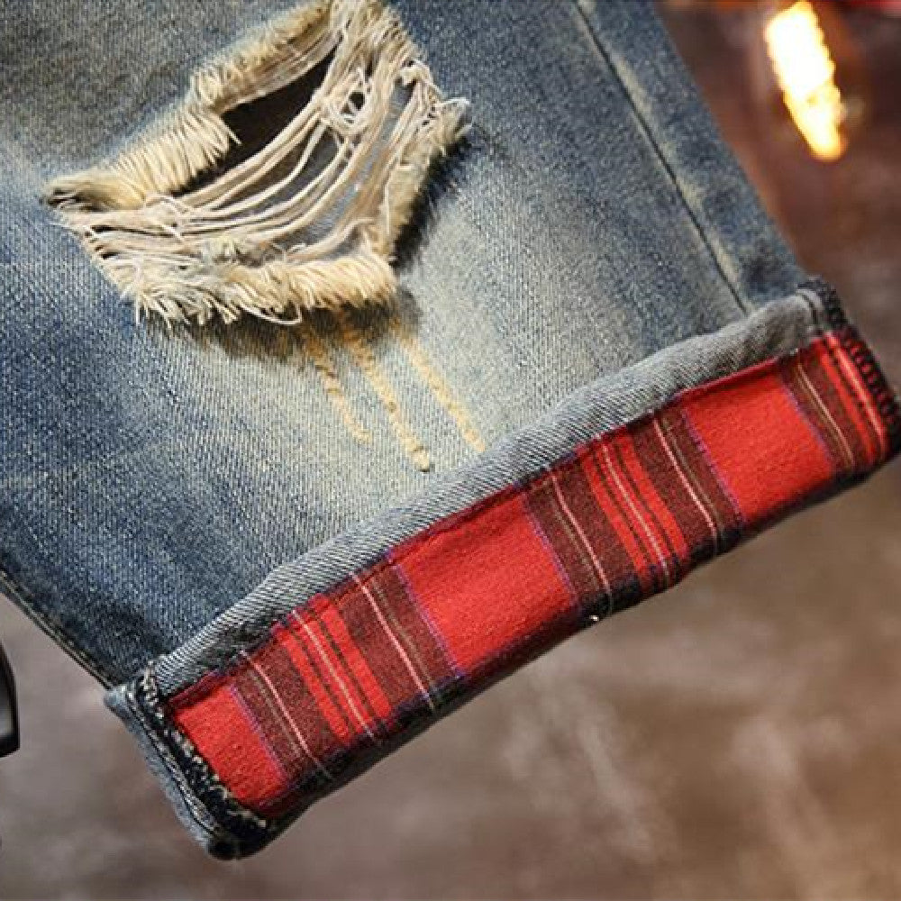 Summer new jean shorts fashion men small straight leg knee-length jean shorts casual do old holes