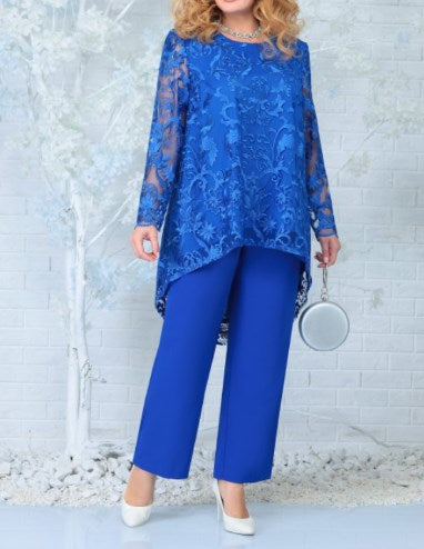 Set with Women's Pants and Lace Overlay Blouse - Plus Size