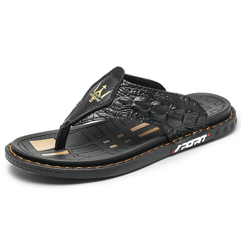 Cross-border Men's Sandals Slippers Genuine Leather Crocodile Pattern Slippers Large Size Breathable Shoes Foreign Trade Casual Men's Shoes Fashion Men's Word Slippers