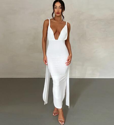 Summer Women's  Back Deep V White Evening Dress