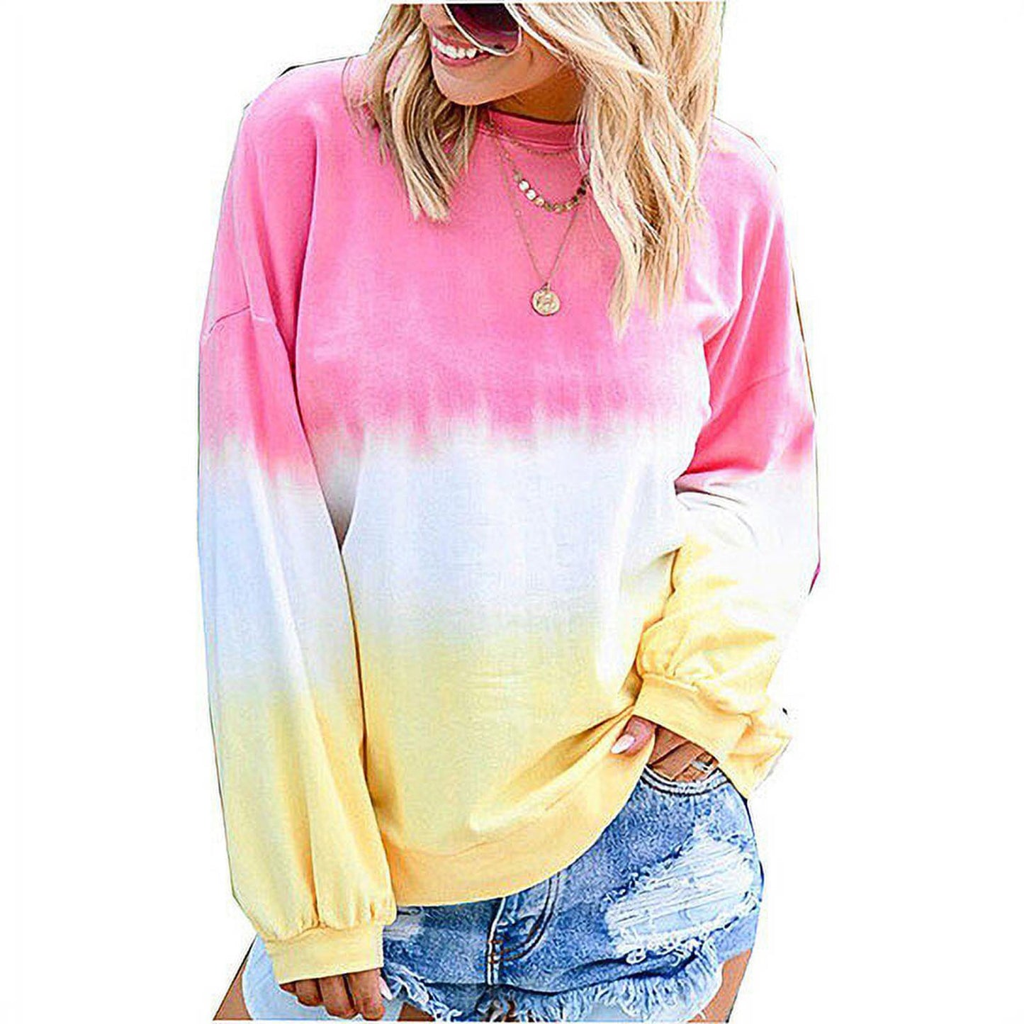 Women's Autumn and Winter Top Rainbow Gradient Print Long sleeved Sweatshirt Sweats Casual O-Neck Gradient Contrast Color