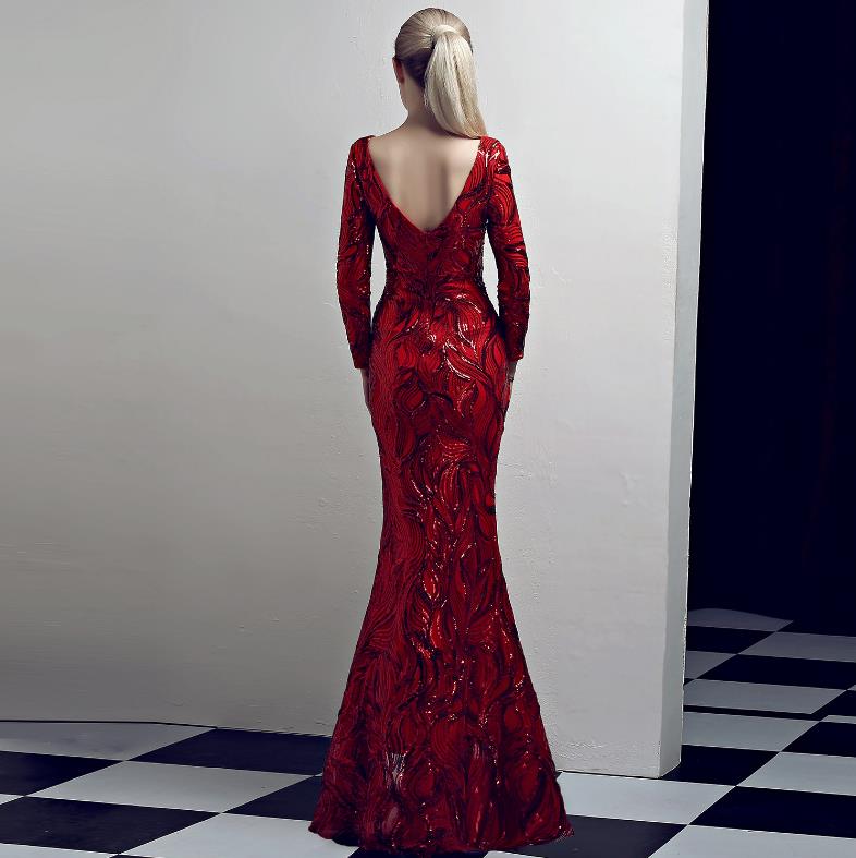 Deep V long sleeve split night club show sequin evening dress