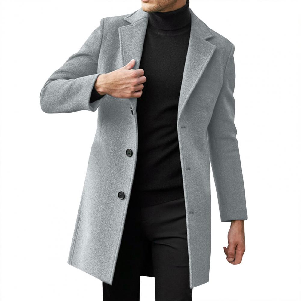 Men Slim Fit Overcoat Solid Color Single Breasted Lapel Long Coat Jacket Winter Men's Woolen Coats Casual Overcoat Male Outwear