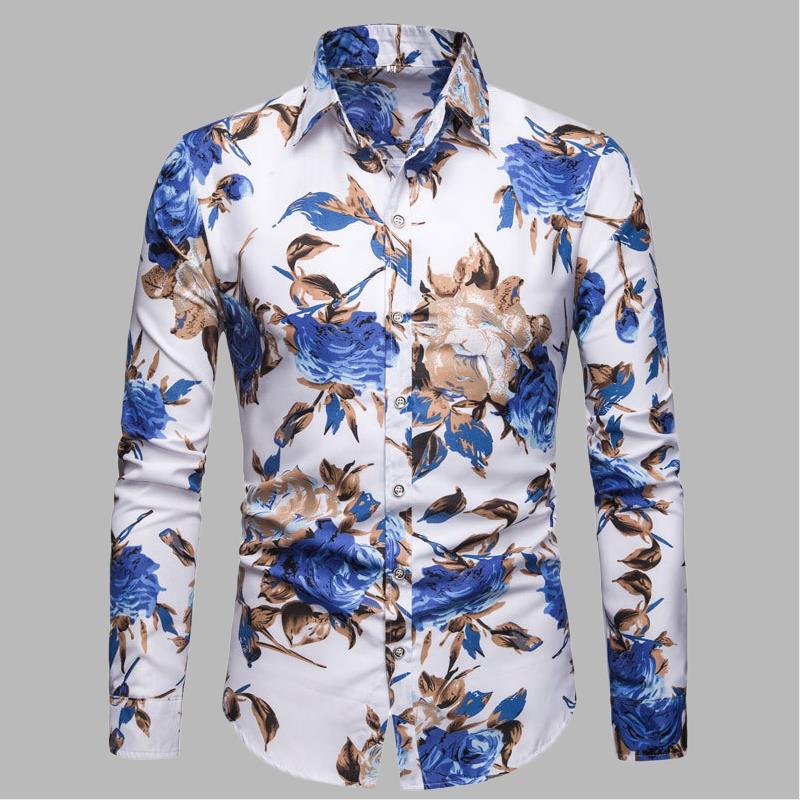 Spring and Autumn Men's Long-sleeved Flower Shirt Large Yards Lapel Repair Shirt Non-iron Casual Men