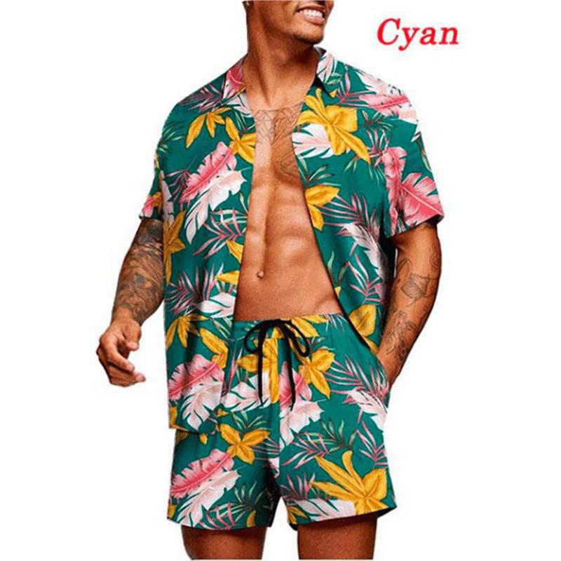 New Loose Fit Hawaiian Style Youth Floral Print Casual Shorts Shirt Set Two-Piece Suit For Men