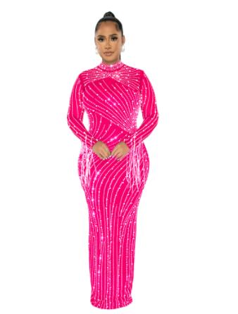 Women's Mesh See-through Rhinestone Long Sleeve Dress Lining Two-piece Set