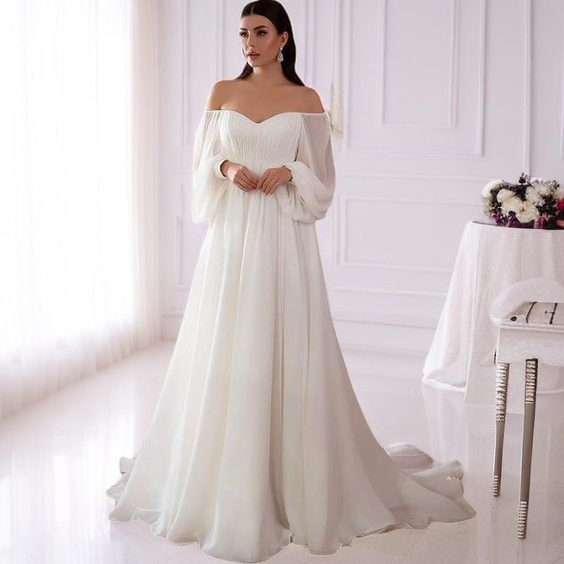 Off Shoulder Gown Wedding Dresses, Elegant Solid Ruched Mopping High Waist Dress for Wedding Party, Women's Clothing