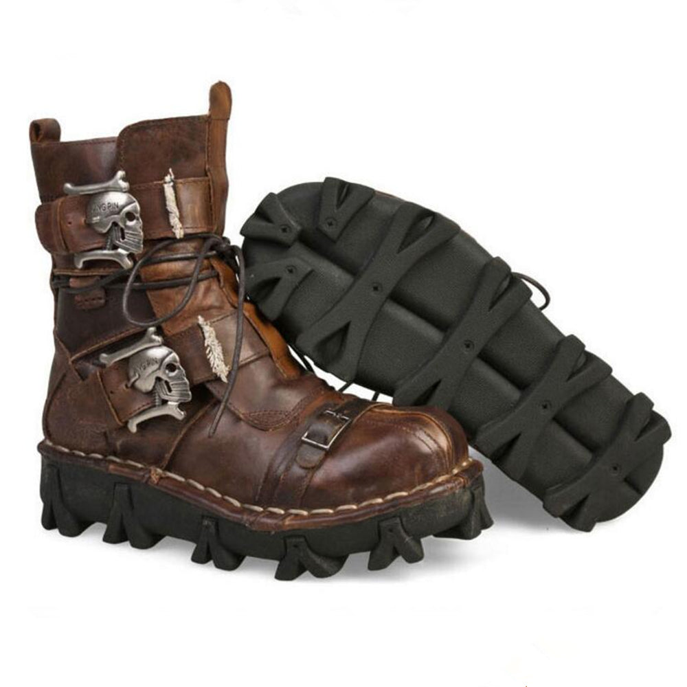 Men's Cowhide Genuine Leather Working Boots Military Combat Boots Gothic Skull Punk Motorcycle Martin Boots