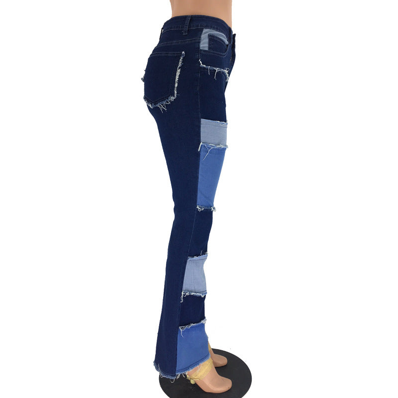Autumn fashion contrast color patchwork high waist tight hip flared women's denim trousers