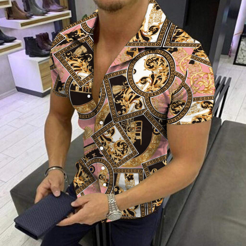 Men's Shirt Summer Lapel Hawaiian Print Fashion Versatile Fit Casual British Style Polyester Short Sleeved Shirt Suitable for Hawaiian Beaches, Couples Dating, Parties