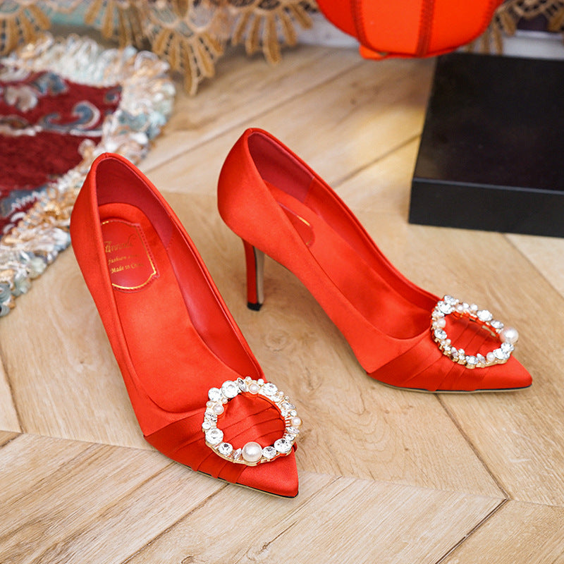 2023 New White High Heels Women's Pearl Rhinestone Large Size Wedding Shoes Dress Bridesmaid Shoes Bride Satin Wedding Shoes