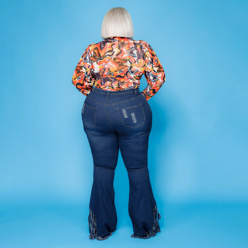 Plus Size 5xl Jean For Women Rhinestone High Waist Stretchy Denim Trouser Lady Fashion Flare Pants