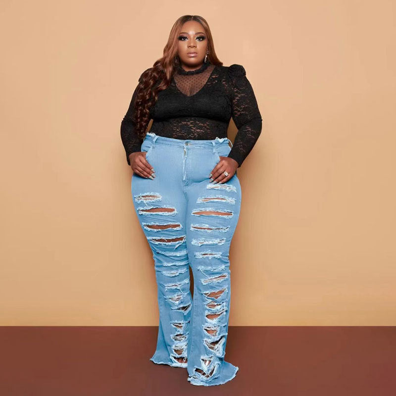 Plus Size Women Jean Summer Ripped Hole Denim Trouser Lady Fashion Solid Loose Pants Female Casual
