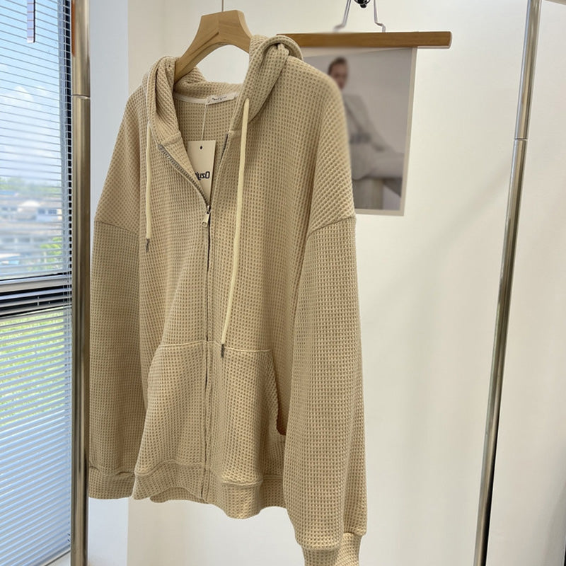 Women's Sweaters Cardigan Autumn and Winter Thermal Windproof Tops Waffle Zipper Pullovers
