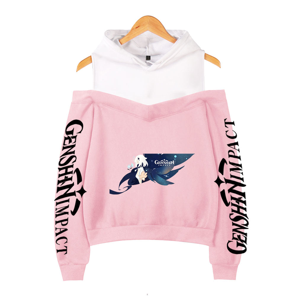 Genshin Impact Hoodies Women's Off-shoulder Hoodie Sweatshirt Autumn Winter Hoodie Harajuku Cartoon Xiao Off-shoulder Sweatshirt