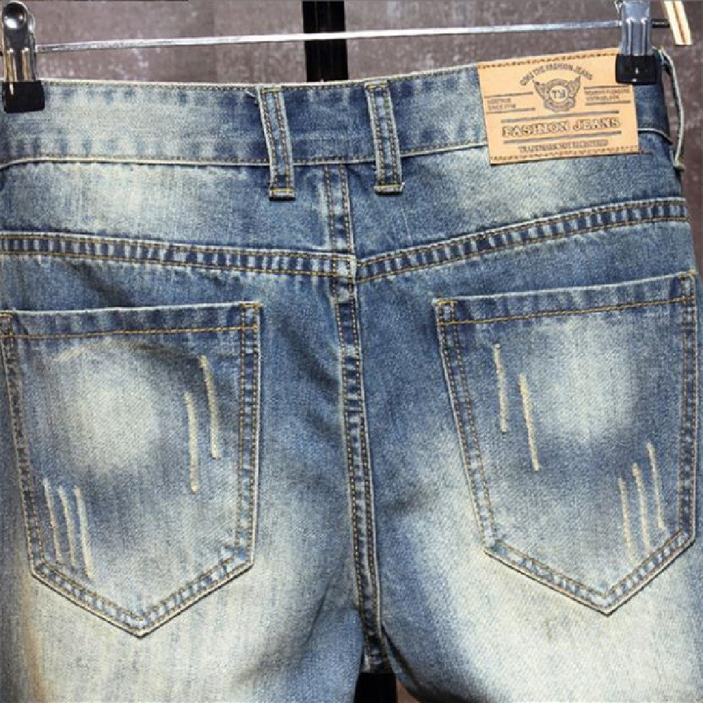 Summer new jean shorts fashion men small straight leg knee-length jean shorts casual do old holes