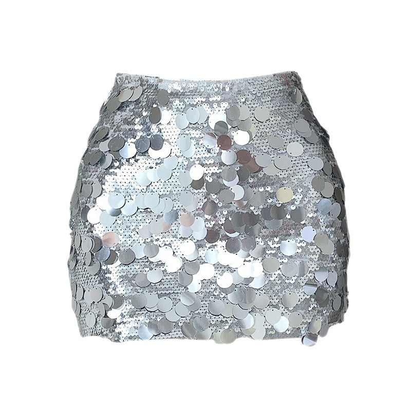 Real shot Yi Mengling with heavy industry pure sequins skirt 2023 hot girl half-length hip A- shaped silver skirt women