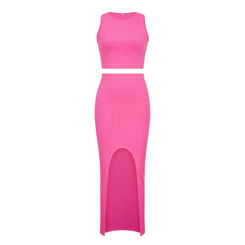 Summer Two Piece Dresses Sets Women Skirt Suit Streetwear Sexy Slim Crop Tops Long Split Skirt Dress Tank Vest Camis With Skirt