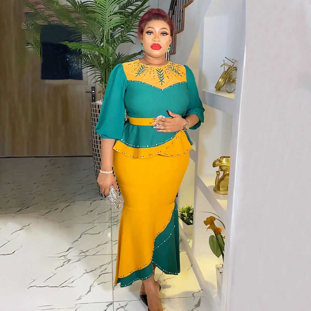 African plus size women's clothing hot sale temperament commuter contrast color two-piece hot rhinestone dress