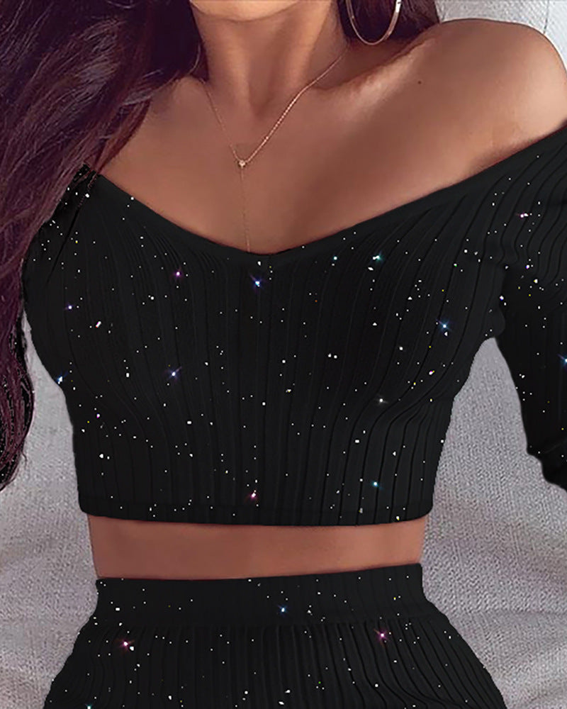 Wepbel Summer 2 Piece Sets Outfits Long Sleeve Tops Off Shoulder Tshirts Tops Skinny Skirts Gold Dress Sets Women Pencil Skirts