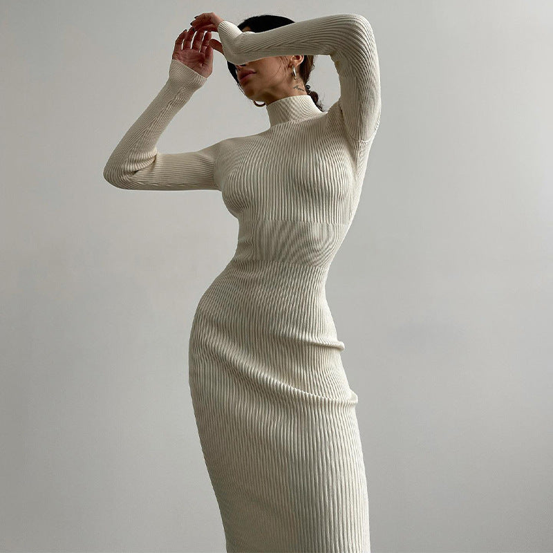 Women's High Collar Mid-length Pit Knitted Dress Solid Color Woolen Tight Sexy 2022 Autumn and Winter European and American Dress