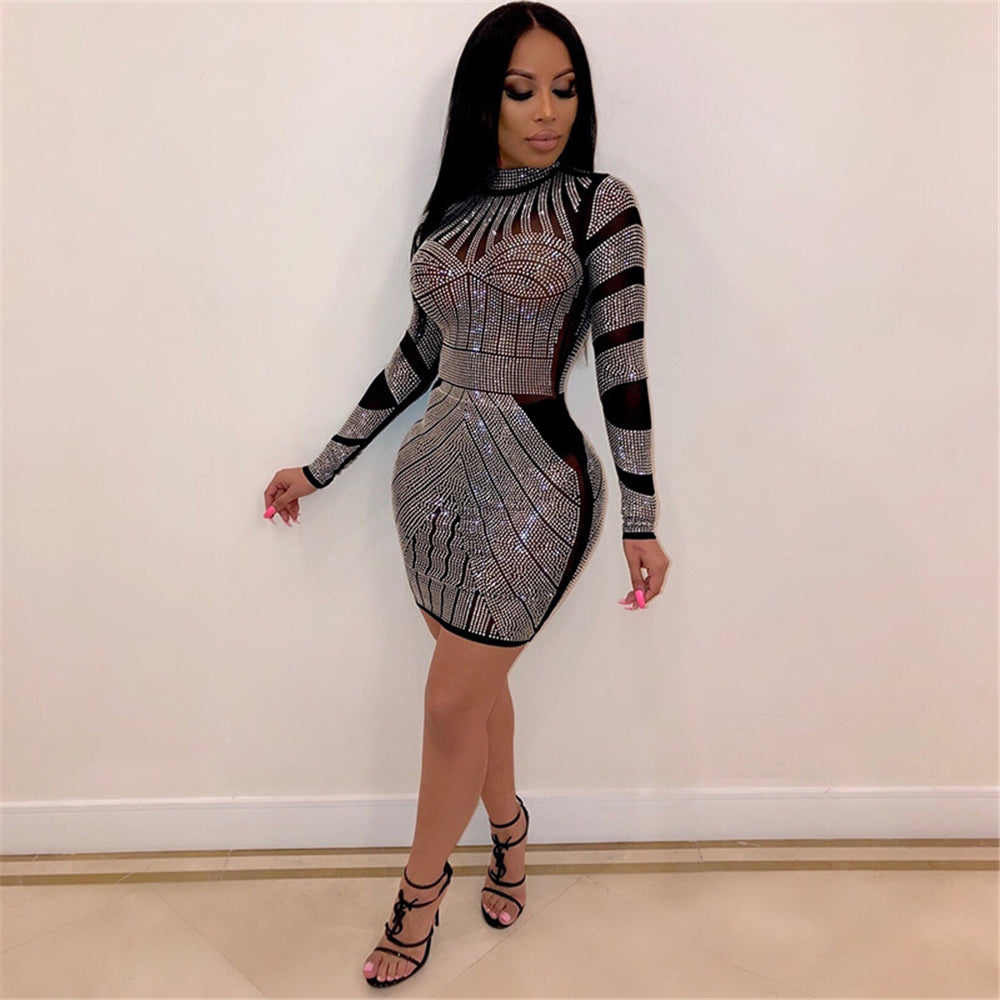2023 Women Bandage Faisley Crystal Party Bodycon Mini Sexy Club Sequin Glitter Diamond See Through Dresses