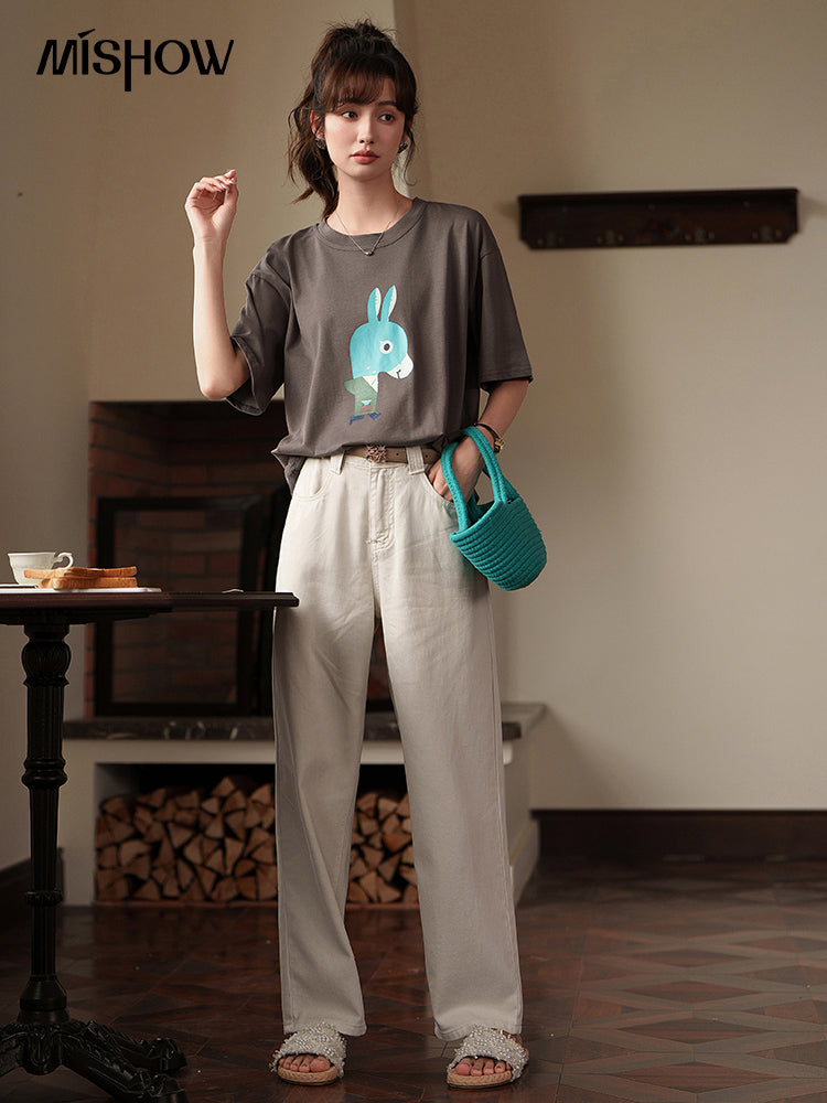 MISHOW 100 Cotton Jeans for Women 2023 Summer Korean Slim High Waist Straight Pants Solid Female Ankle-Length Pants MXC33K0050