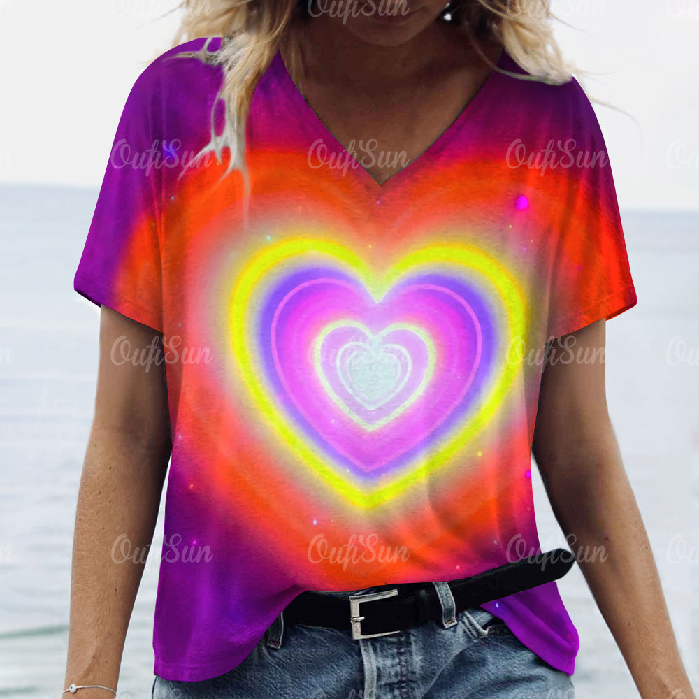 3d Gradient Heart Print Grunge T-Shirts Women Vintage Summer Y2k T Shirt Fashion Casual Tops Harajuku Oversized Female Clothing
